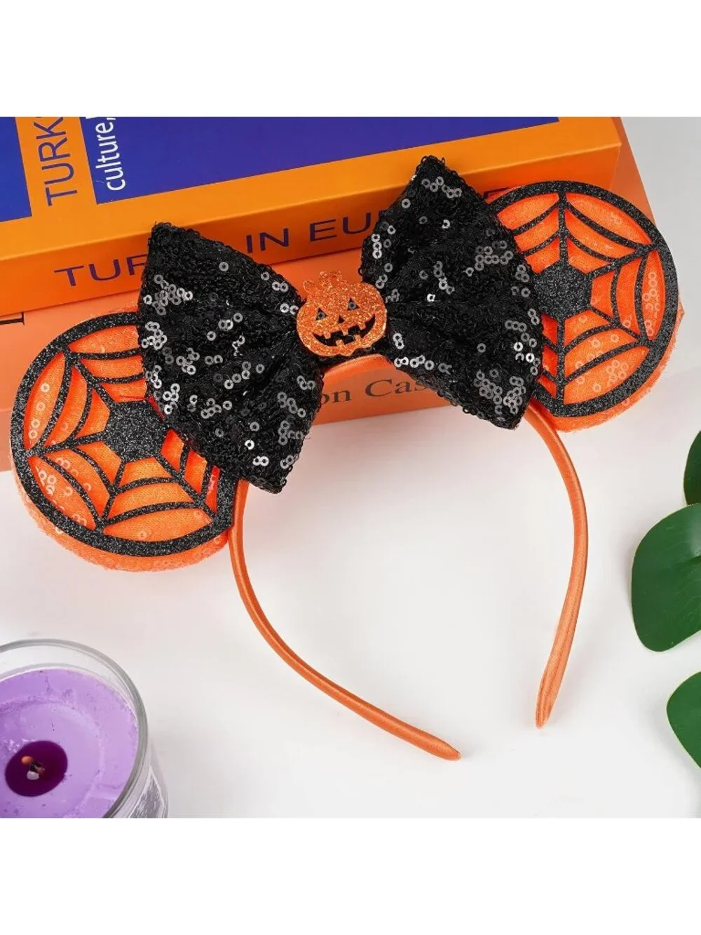 Women Orange Black Sequin Handmade Mickey Mouse Headband 2 Pieces